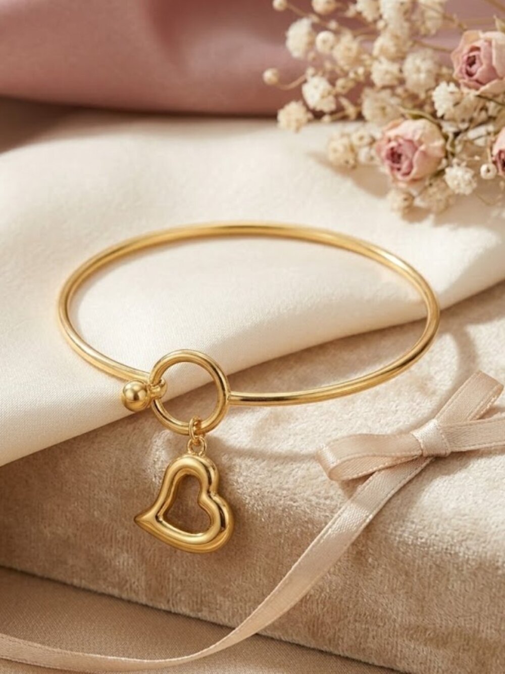 18K Gold Plated 316L SS Hollow Heart Charm Bangle Bracelet Coquette 2.5"
